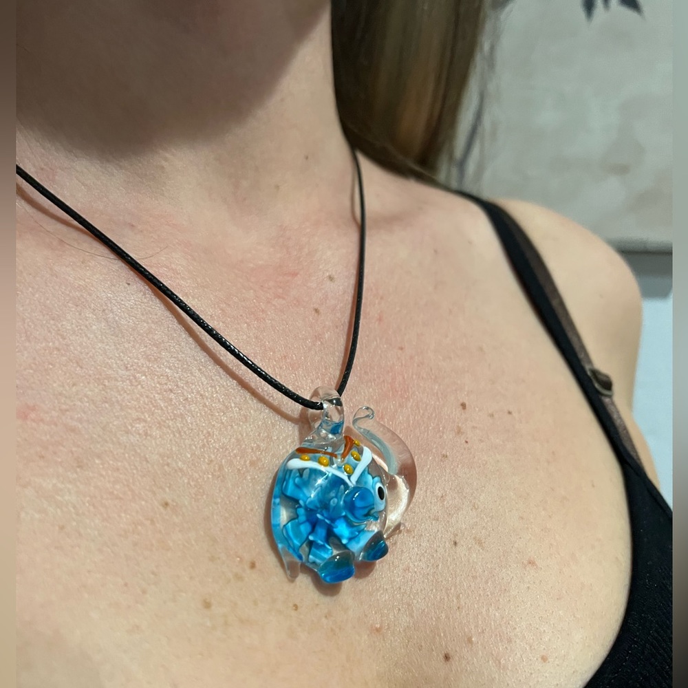 Hand Made Glass Elephant Necklace Blue